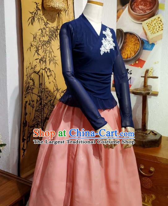 Korean Apparels Deep Blue Veil Blouse and Pink Skirt Asian Women Informal Hanbok Korea Fashion Traditional Dance Training Costumes