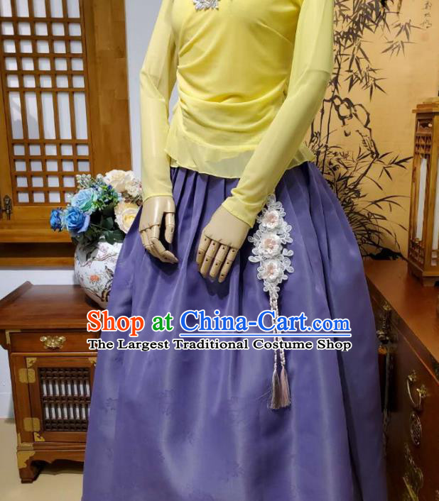 Korean Apparels Yellow Veil Blouse and Lilac Skirt Asian Women Informal Hanbok Korea Fashion Traditional Dance Training Costumes