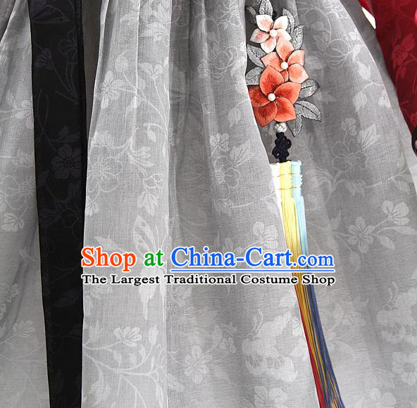 Korean Bride Mother Dark Red Blouse and Grey Dress Korea Fashion Costumes Traditional Hanbok Festival Apparels for Women