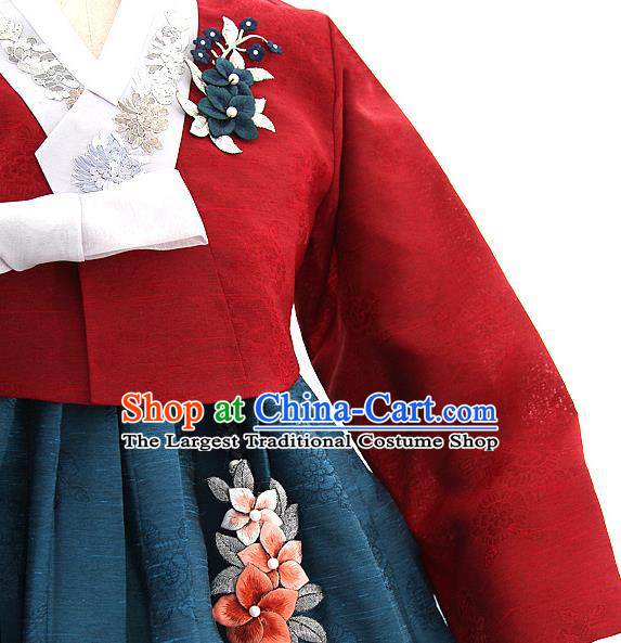 Korean Bride Mother Red Blouse and Dark Green Dress Korea Fashion Costumes Traditional Hanbok Festival Apparels for Women