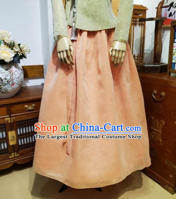Korean Women Apparels Light Green Blouse and Orange Skirt Asian Korea Fashion Traditional Hanbok Costumes
