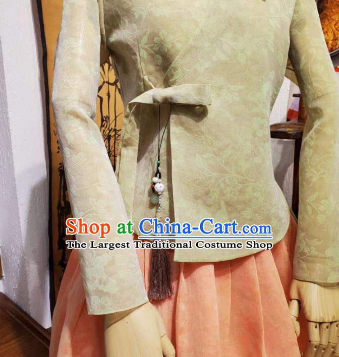 Korean Women Apparels Light Green Blouse and Orange Skirt Asian Korea Fashion Traditional Hanbok Costumes