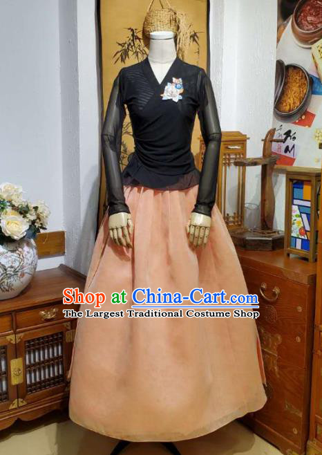 Korean Women Apparels Black Veil Blouse and Orange Skirt Asian Korea Fashion Traditional Hanbok Costumes