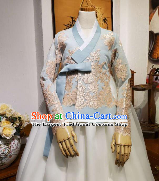 Korean Traditional Wedding Blue Lace Blouse and White Dress Korea Fashion Bride Costumes Hanbok Apparels for Women