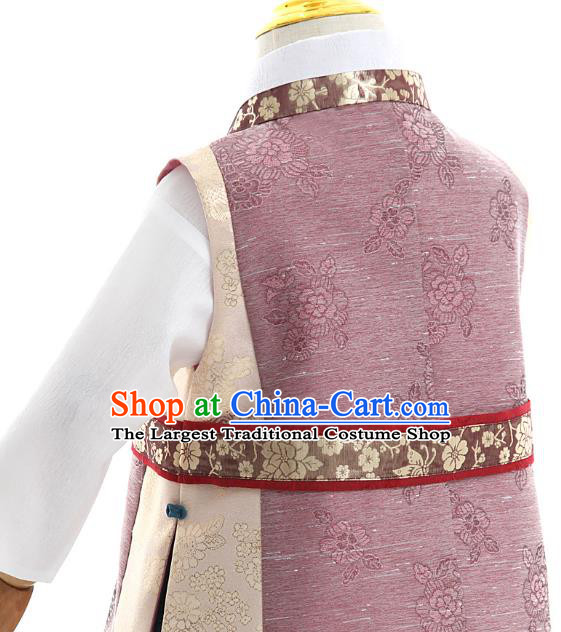 Asian Korea Boys Embroidered Cameo Brown Vest and Pants Korean Children Birthday Fashion Traditional Apparels Kids Hanbok Costumes