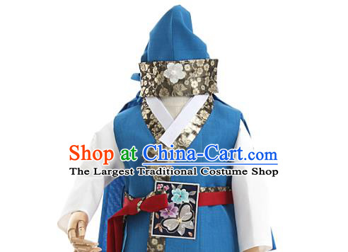 Asian Korea Boys Embroidered Blue Vest and Pants Korean Children Birthday Fashion Traditional Apparels Kids Hanbok Costumes
