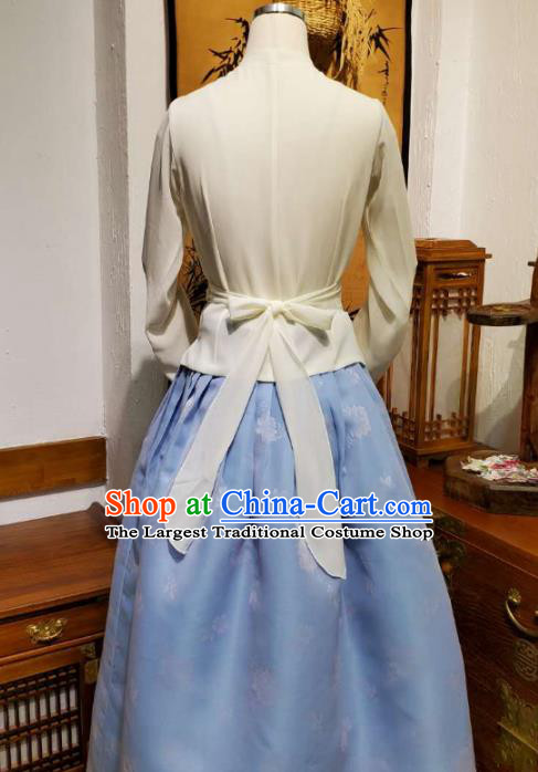 Korean Dance Training White Veil Blouse and Light Blue Satin Skirt Asian Women Hanbok Informal Apparels Korea Fashion Traditional Costumes