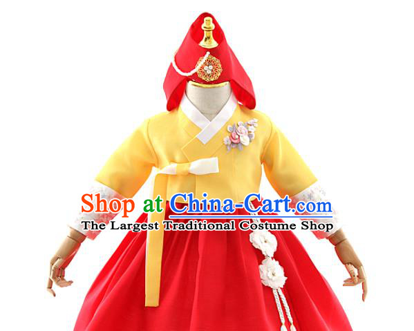 Asian Korea Girls Yellow Blouse and Red Dress Korean Kids Fashion Traditional Apparels Hanbok Birthday Costumes with Headwear