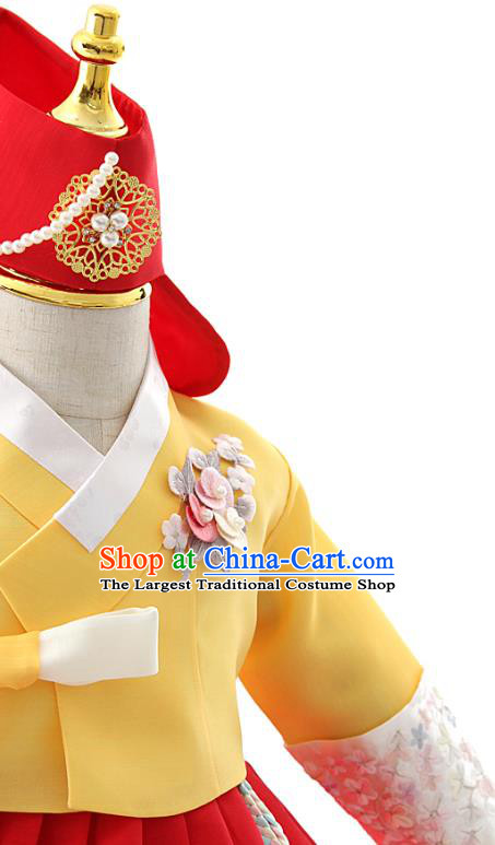 Asian Korea Girls Yellow Blouse and Red Dress Korean Kids Fashion Traditional Apparels Hanbok Birthday Costumes with Headwear