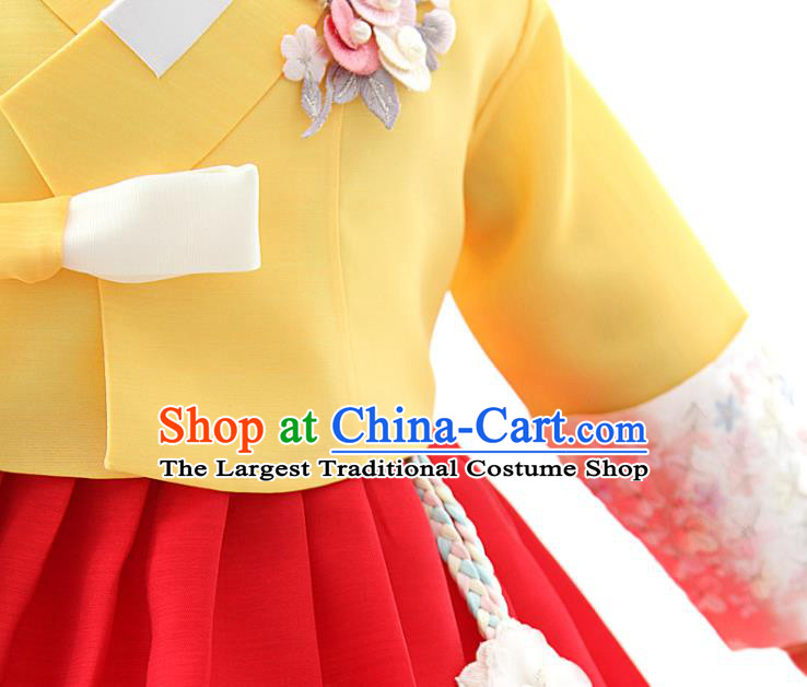 Asian Korea Girls Yellow Blouse and Red Dress Korean Kids Fashion Traditional Apparels Hanbok Birthday Costumes with Headwear