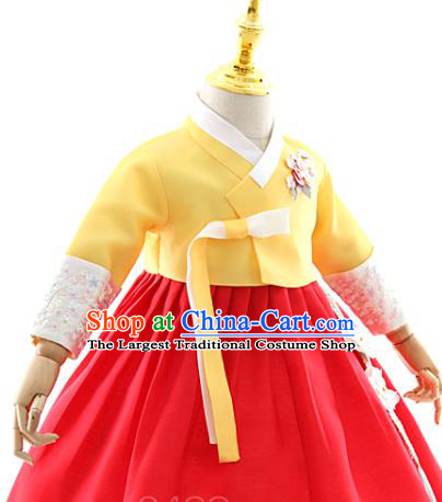 Asian Korea Girls Yellow Blouse and Red Dress Korean Kids Fashion Traditional Apparels Hanbok Birthday Costumes with Headwear