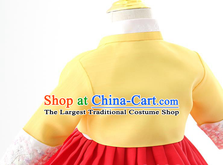 Asian Korea Girls Yellow Blouse and Red Dress Korean Kids Fashion Traditional Apparels Hanbok Birthday Costumes with Headwear