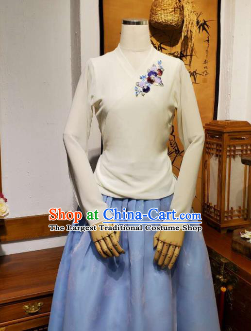 Korean Dance Training White Veil Blouse and Light Blue Satin Skirt Asian Women Hanbok Informal Apparels Korea Fashion Traditional Costumes