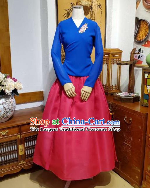 Korean Dance Training Royalblue Veil Blouse and Rosy Satin Skirt Asian Women Hanbok Informal Apparels Korea Fashion Traditional Costumes