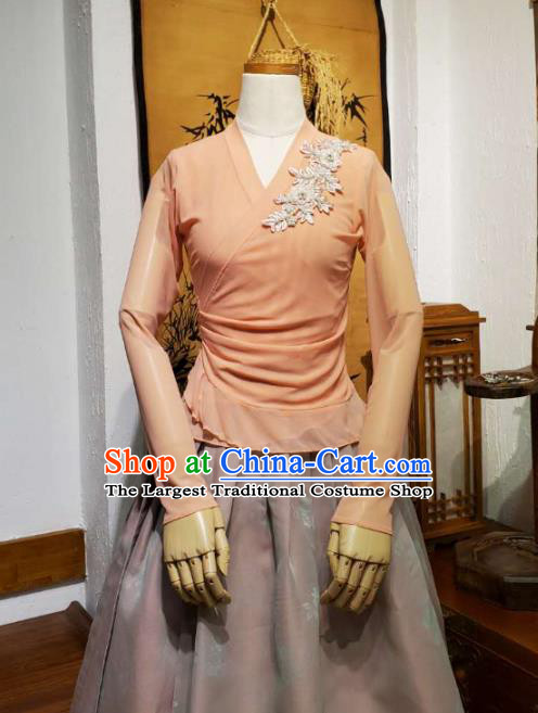 Korean Dance Training Orange Veil Blouse and Grey Satin Skirt Asian Women Hanbok Informal Apparels Korea Fashion Traditional Costumes