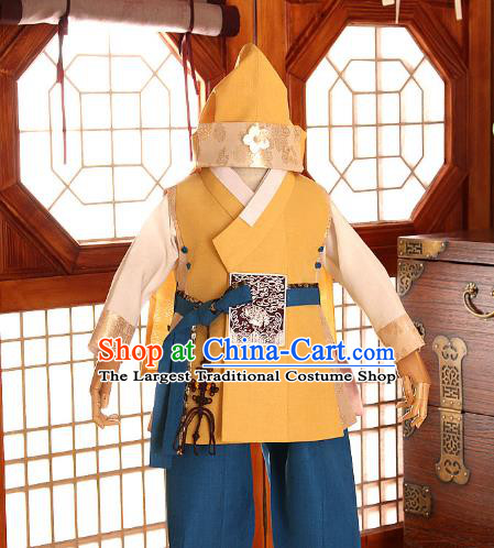 Asian Korea Boys Yellow Vest Top and Pants Korean Kids Fashion Traditional Apparels Hanbok Birthday Costumes with Headwear