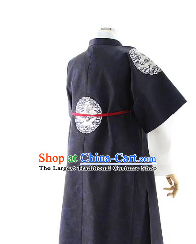 Asian Korea Court Prince Navy Vest Shirt and Pants Dress Korean Bridegroom Fashion Traditional Apparels Hanbok Wedding Costumes