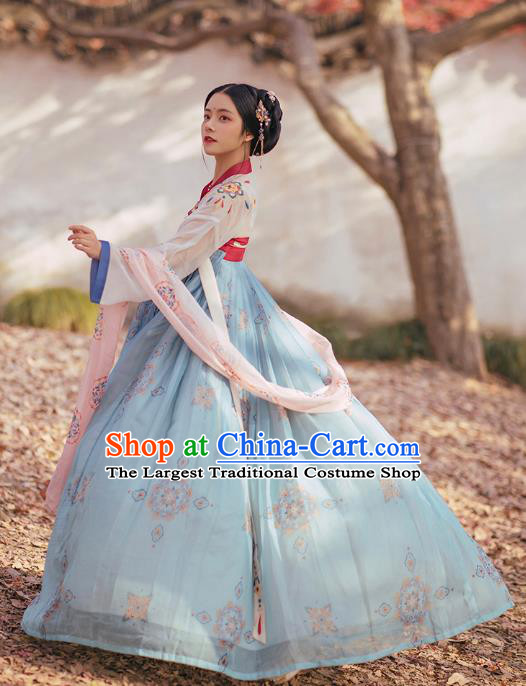 Chinese Ancient Palace Princess Costumes Traditional Tang Dynasty Hanfu Apparels White Blouse and Blue Dress Full Set