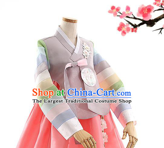 Korean Bride Hanbok Grey Blouse and Pink Dress Korea Fashion Wedding Costumes Traditional Festival Apparels for Women