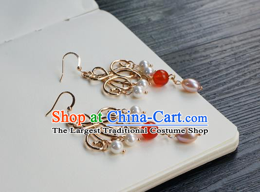Handmade Chinese Women Hanfu Pearl Ear Accessories Ancient Court Eardrop Classical Golden Earrings