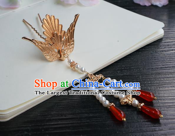 Chinese Classical Beads Tassel Hair Clip Hair Accessories Handmade Ancient Tang Dynasty Hanfu Golden Phoenix Hairpin for Women