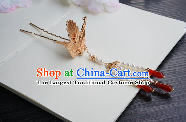 Chinese Classical Beads Tassel Hair Clip Hair Accessories Handmade Ancient Tang Dynasty Hanfu Golden Phoenix Hairpin for Women