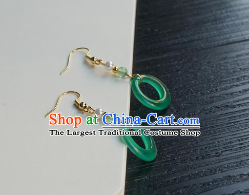 Handmade Chinese Women Hanfu Ear Accessories Ancient Court Eardrop Classical Green Ring Earrings