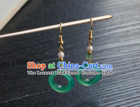 Handmade Chinese Women Hanfu Ear Accessories Ancient Court Eardrop Classical Green Ring Earrings