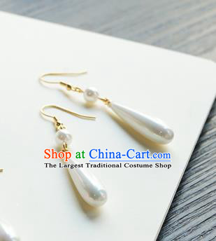 Handmade Chinese Women Cheongsam White Pearl Ear Accessories Classical Hanfu Earrings