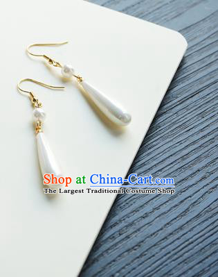 Handmade Chinese Women Cheongsam White Pearl Ear Accessories Classical Hanfu Earrings