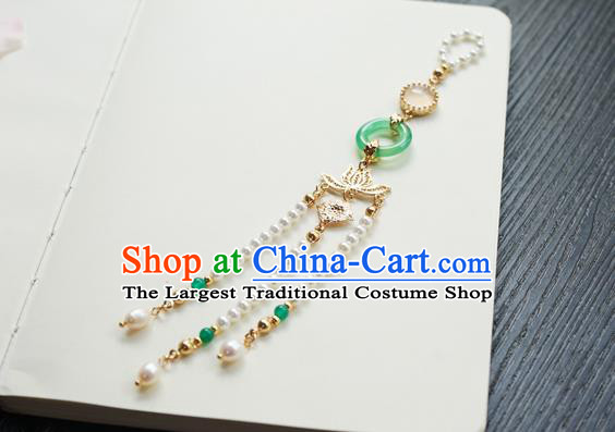 Chinese Classical Jewelry Accessories Ancient Hanfu Green Ring Brooch Golden Lotus Beads Tassel Pendant