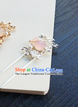 Chinese Classical Pink Chalcedony Hair Clip Hair Accessories Handmade Ancient Hanfu Argent Hairpin for Women