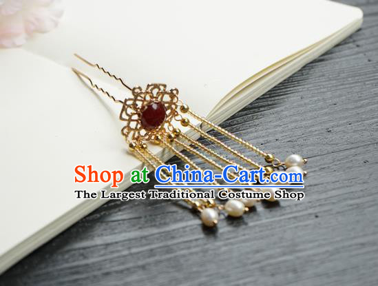 Chinese Classical Pearls Tassel Hair Clip Hair Accessories Handmade Ancient Golden Beads Hairpin for Women