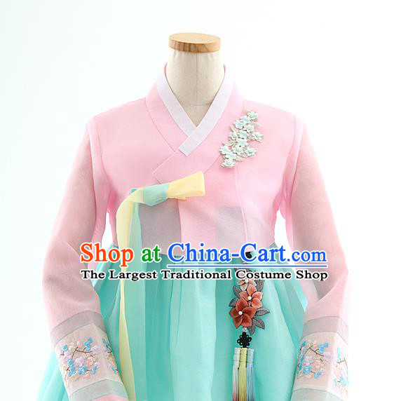 Korean Bride Hanbok Pink Blouse and Blue Dress Korea Fashion Wedding Costumes Traditional Festival Apparels for Women