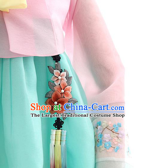 Korean Bride Hanbok Pink Blouse and Blue Dress Korea Fashion Wedding Costumes Traditional Festival Apparels for Women