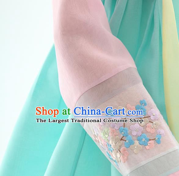 Korean Bride Hanbok Pink Blouse and Blue Dress Korea Fashion Wedding Costumes Traditional Festival Apparels for Women