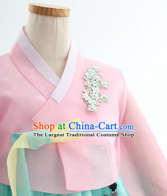 Korean Bride Hanbok Pink Blouse and Blue Dress Korea Fashion Wedding Costumes Traditional Festival Apparels for Women