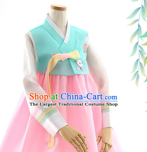 Korean Bride Hanbok Blue Blouse and Pink Dress Korea Fashion Wedding Costumes Traditional Festival Apparels for Women