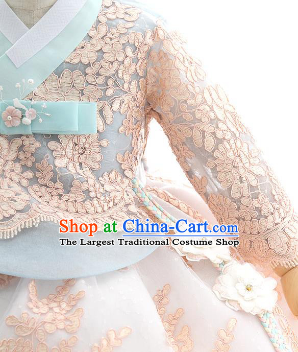 Asian Korea Court Girls Blue Lace Blouse and Dress Korean Kids Birthday Fashion Traditional Hanbok Apparels Costumes