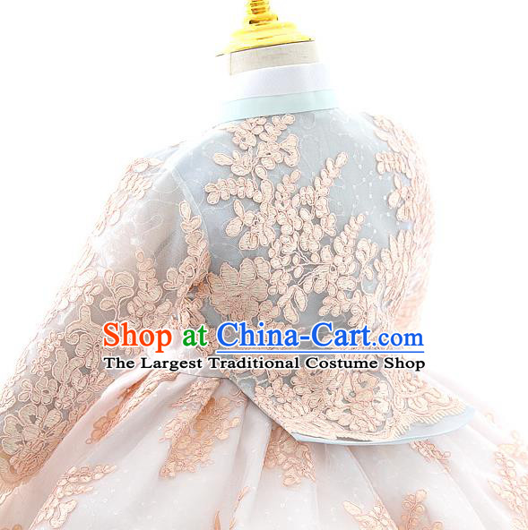 Asian Korea Court Girls Blue Lace Blouse and Dress Korean Kids Birthday Fashion Traditional Hanbok Apparels Costumes