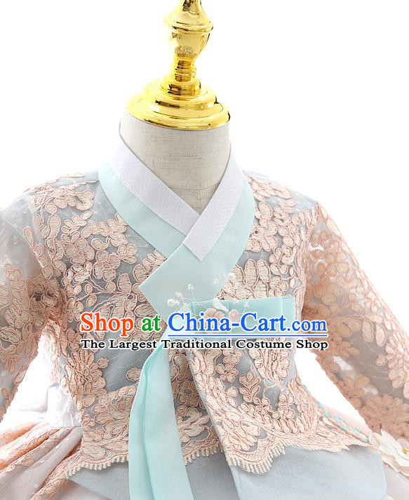 Asian Korea Court Girls Blue Lace Blouse and Dress Korean Kids Birthday Fashion Traditional Hanbok Apparels Costumes
