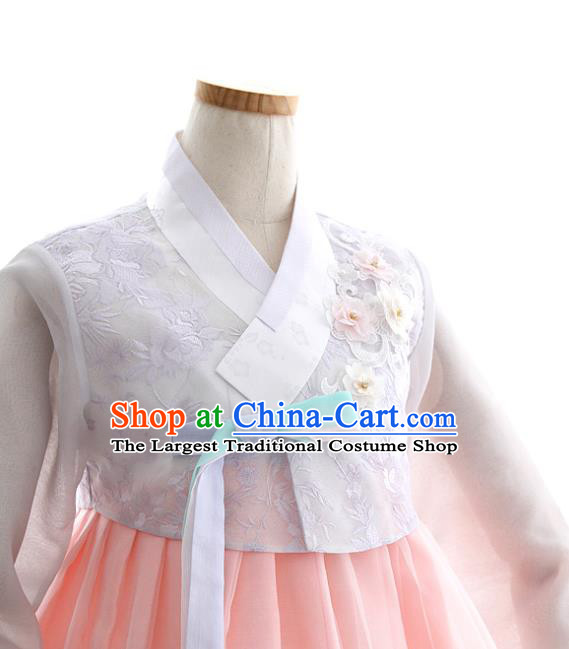 Korean Bride Hanbok Embroidered Lilac Blouse and Pink Dress Korea Fashion Wedding Costumes Traditional Festival Apparels for Women
