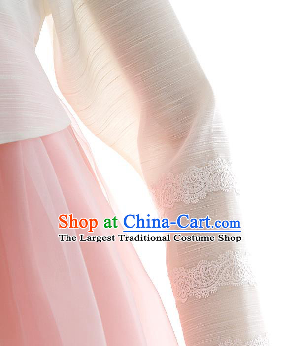 Korean Bride Hanbok White Blouse and Pink Dress Korea Fashion Wedding Costumes Traditional Festival Apparels for Women