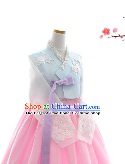 Korean Bride Hanbok Blue Blouse and Pink Dress Korea Fashion Wedding Costumes Traditional Festival Apparels for Women