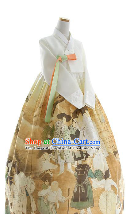 Korean Bride Hanbok White Blouse and Printing Dress Korea Fashion Costumes Traditional Court Festival Apparels for Women