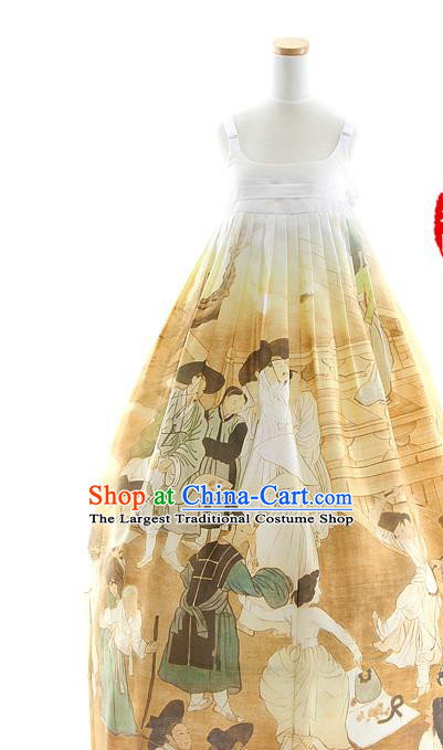 Korean Bride Hanbok White Blouse and Printing Dress Korea Fashion Costumes Traditional Court Festival Apparels for Women