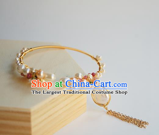 Chinese Classical Pearls Bracelet Jewelry Accessories Ancient Hanfu Golden Tassel Bangle