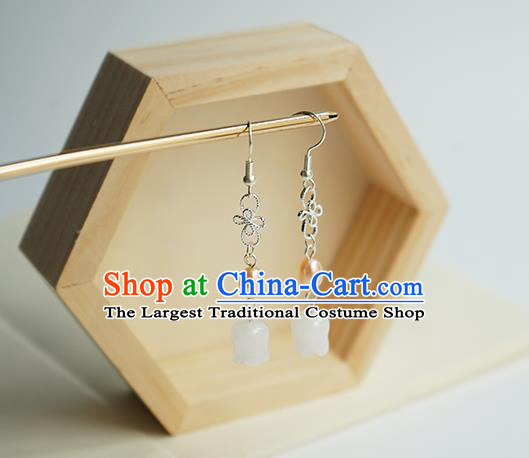 Handmade Chinese Classical White Convallaria Ear Accessories Ancient Women Hanfu Pearl Earrings