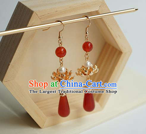 Handmade Chinese Classical Agate Ear Accessories Ancient Women Hanfu Court Golden Lotus Earrings