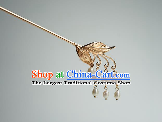 Chinese Hanfu Classical Pearls Tassel Hair Accessories Handmade Ancient Princess Golden Leaf Hairpins for Women